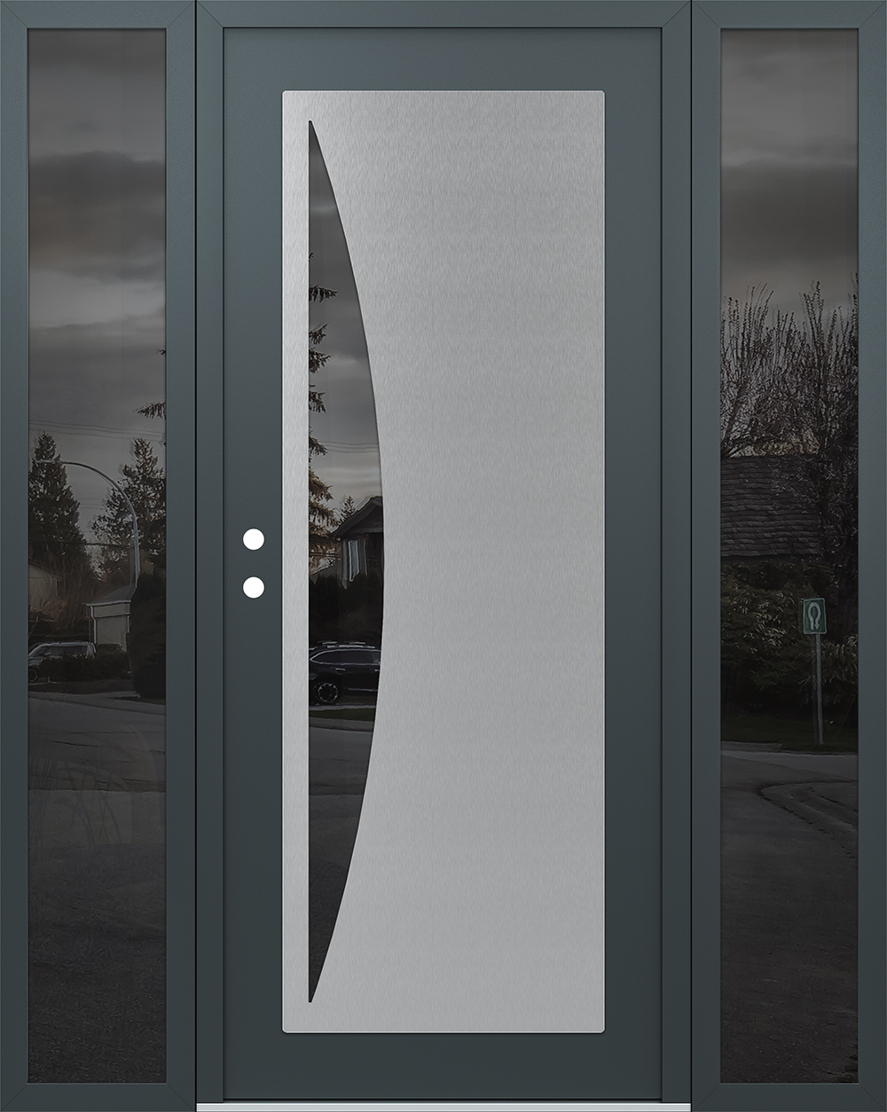 Modern Steel Front Door Diamond C13 68" x 80" anthracite/anthracite mirrored Glass Panel stainless steel RHI with 2 Sidelites mirrored Glass
