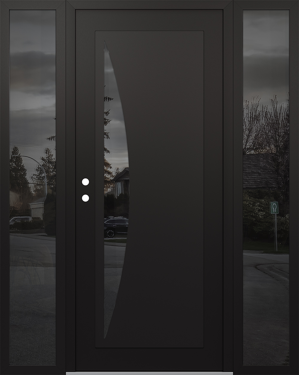 Modern Steel Front Door Diamond C13 68" x 80" black/black mirrored Glass Panel black RHI with 2 Sidelites mirrored Glass