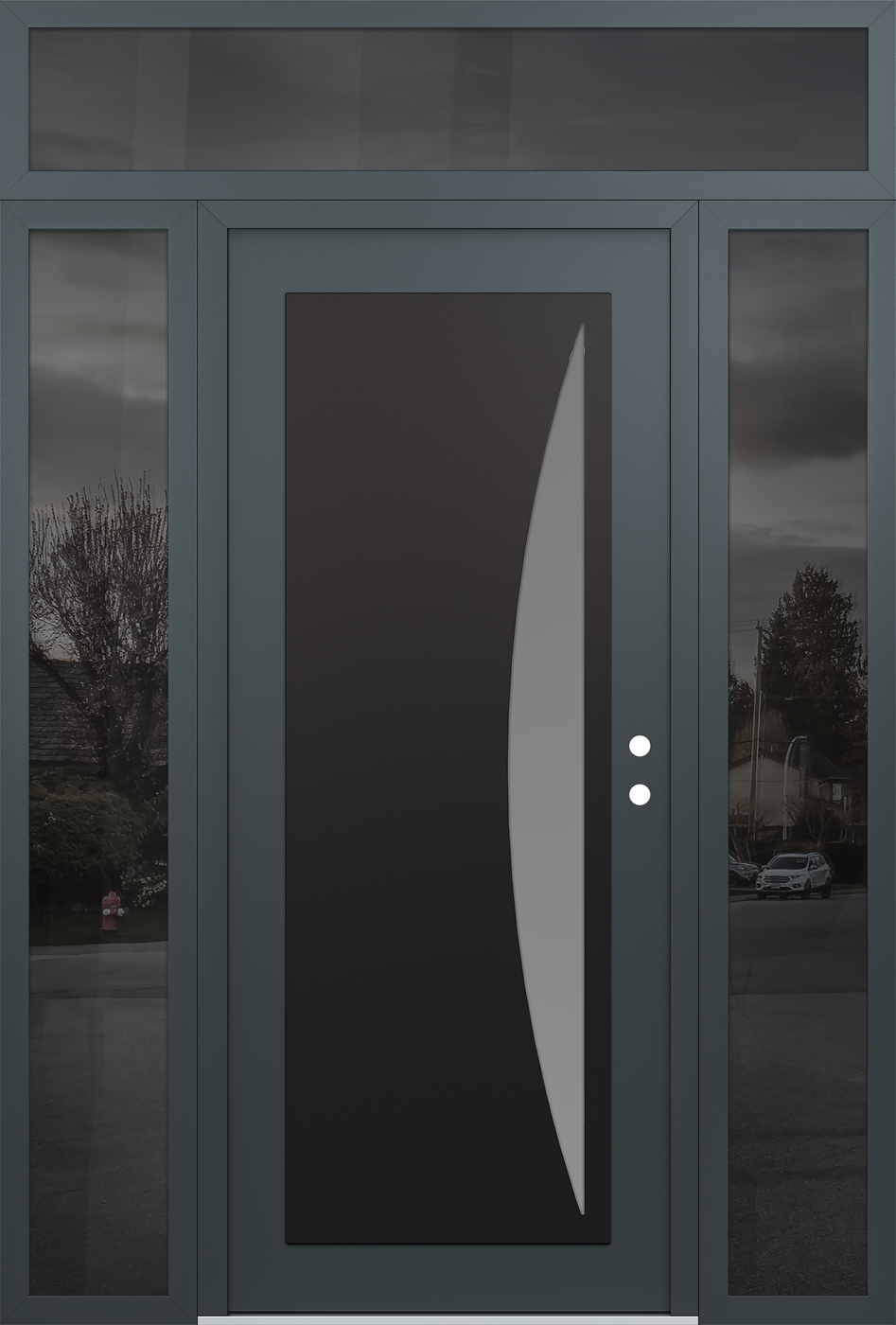 Modern Steel Front Door Diamond C13 68" x 96" anthracite/anthracite frosted Glass Panel black LHI with 2 Sidelites and Transom mirrored Glass