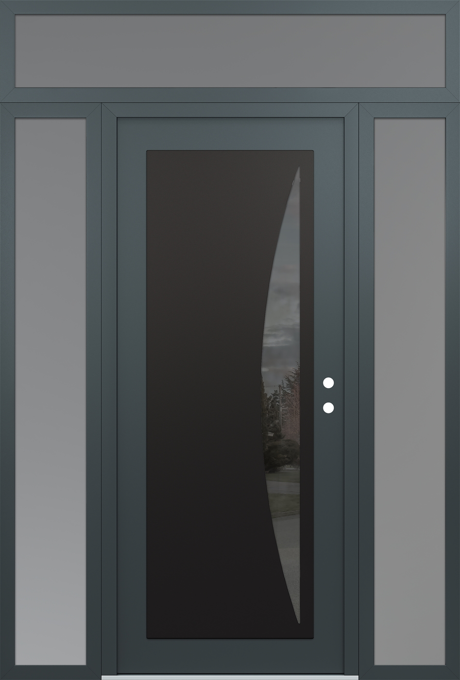 Modern Steel Front Door Diamond C13 68" x 96" anthracite/anthracite mirrored Glass Panel black LHI with 2 Sidelites and Transom frosted Glass