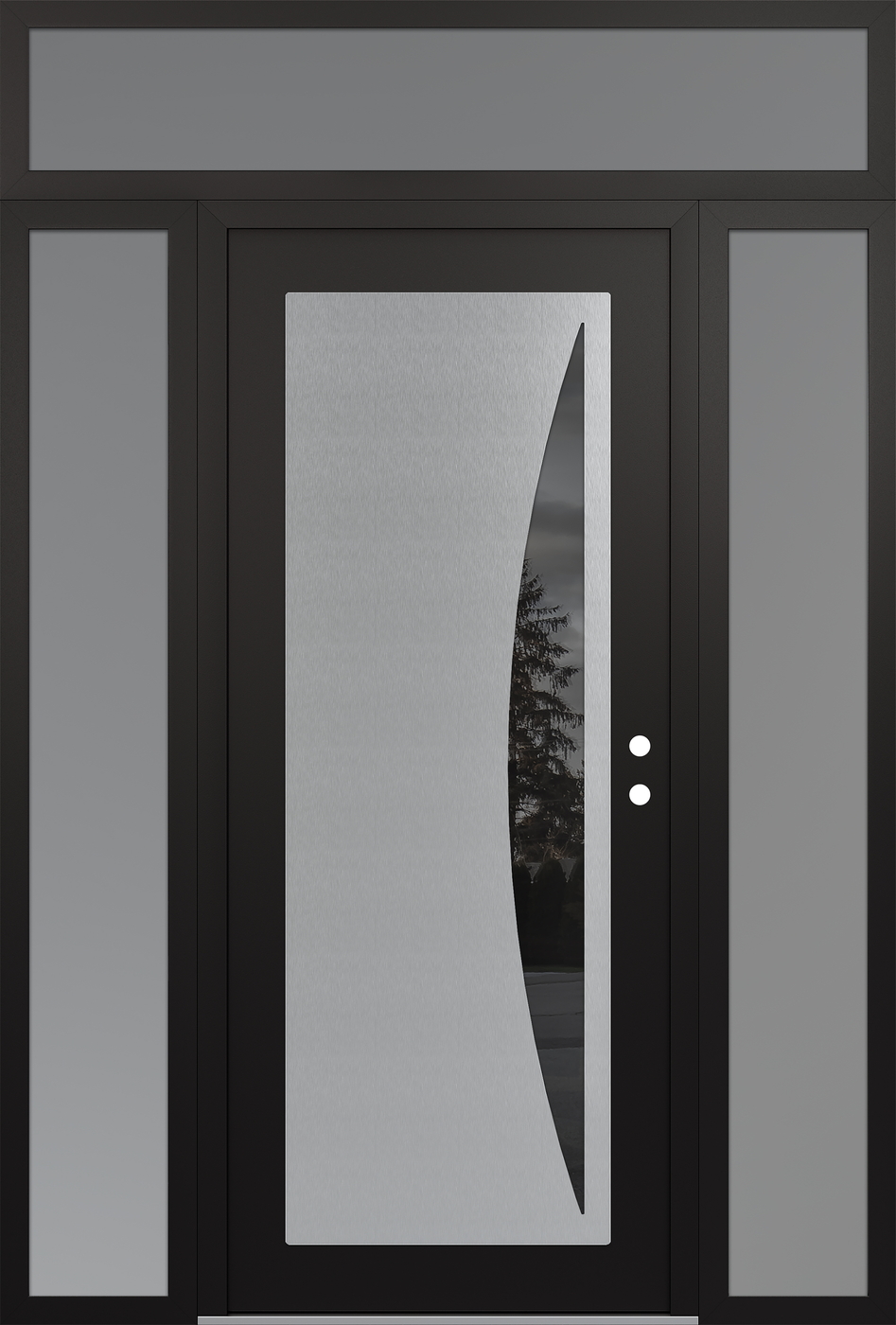 Modern Steel Front Door Diamond C13 68" x 96" black/black mirrored Glass Panel stainless steel LHI with 2 Sidelites and Transom frosted Glass
