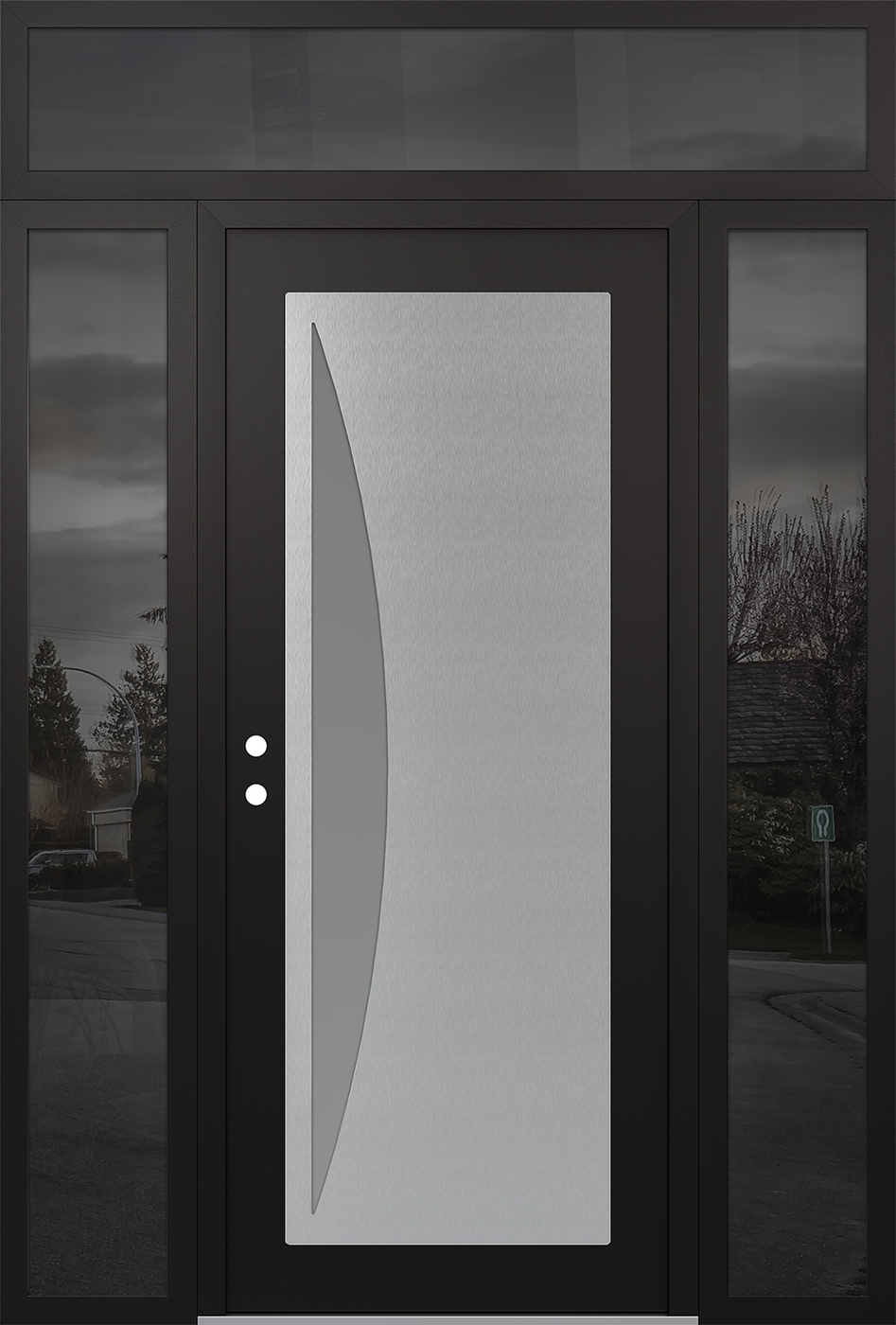 Modern Steel Front Door Diamond C13 68" x 96" black/white frosted Glass Panel stainless steel RHI with 2 Sidelites and Transom mirrored Glass