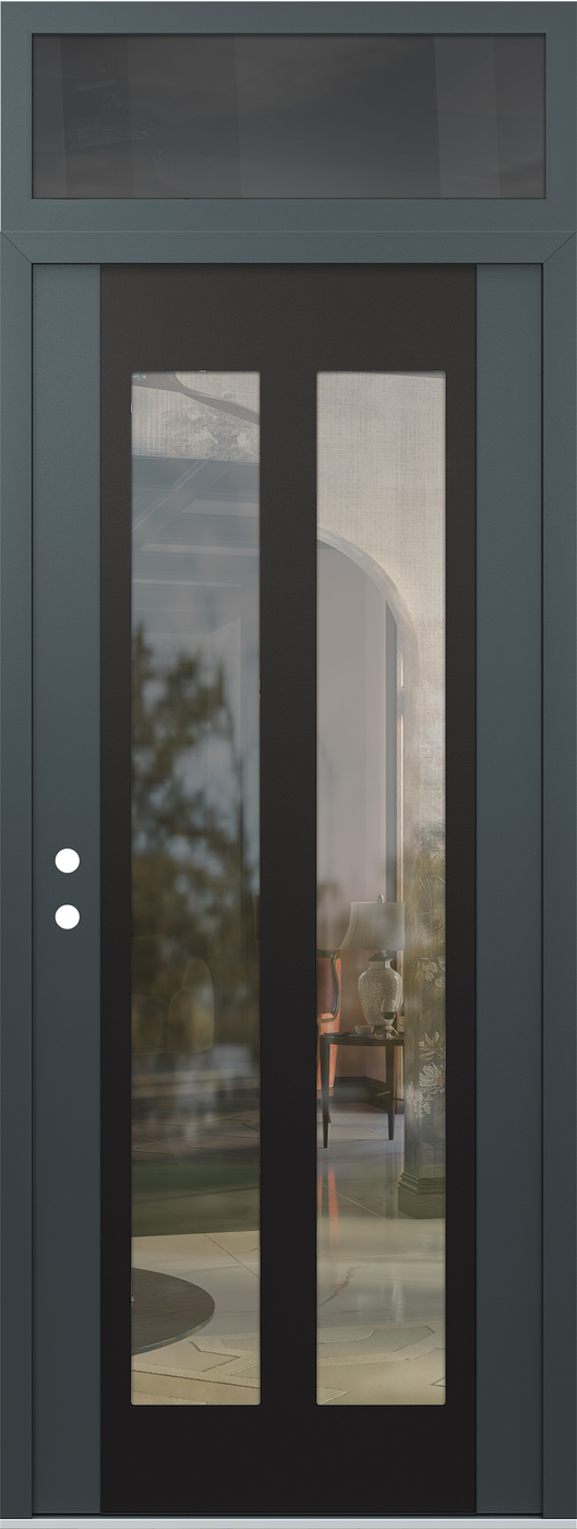 Modern Steel Front Door DIAMOND C14 36" X 96" ANTHRACITE/ANTHRACITE CLEAR GLASS PANEL BLACK RHI WITH TRANSOM MIRRORED GLASS