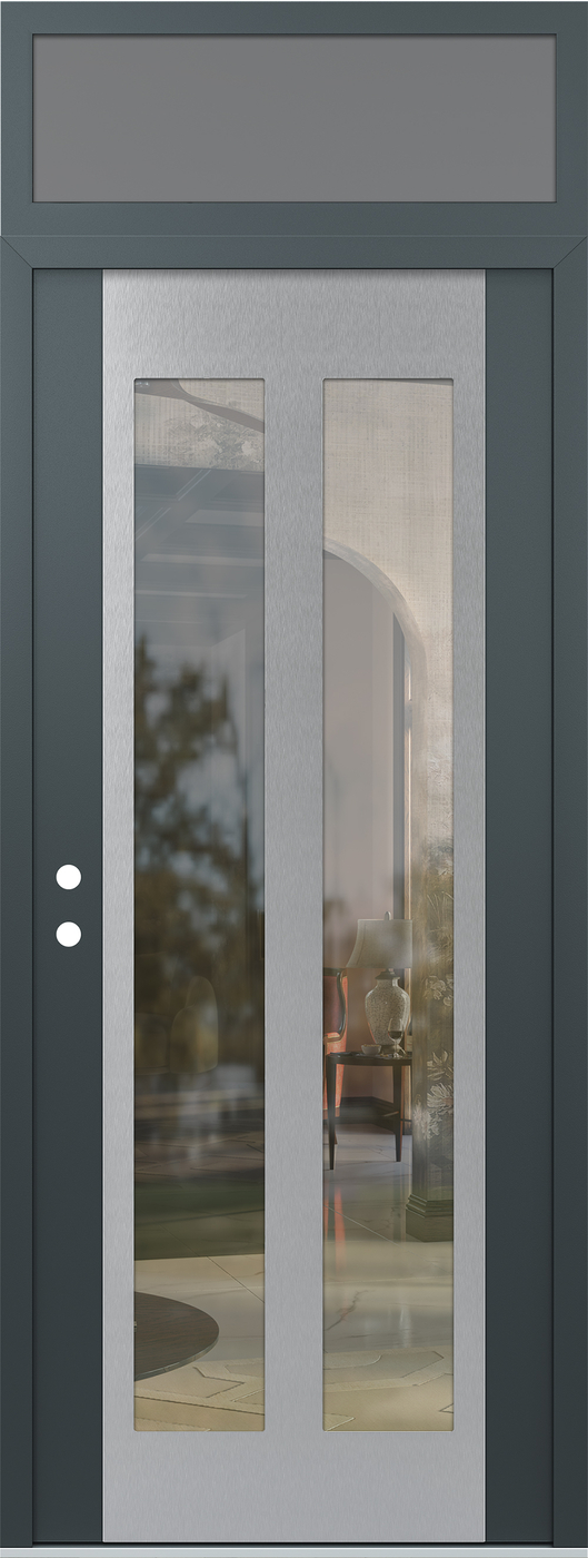 Modern Steel Front Door DIAMOND C14 36" X 96" ANTHRACITE/ANTHRACITE CLEAR GLASS PANEL STAINLESS STEEL RHI WITH TRANSOM FROSTED GLASS