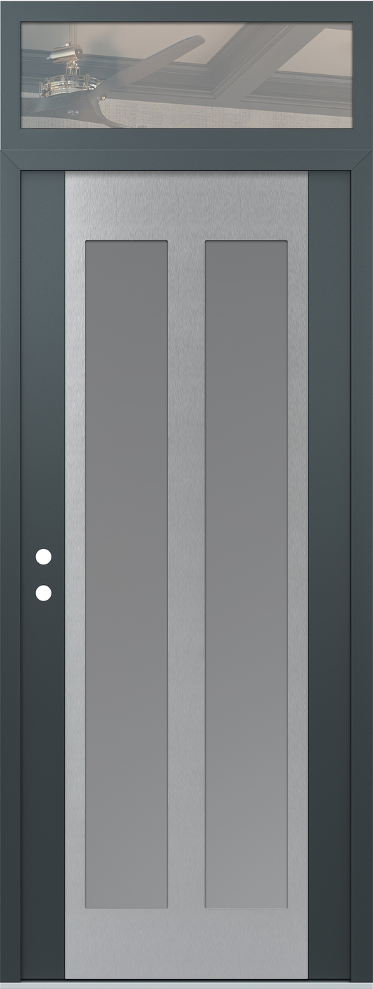 Modern Steel Front Door DIAMOND C14 36" X 96" ANTHRACITE/ANTHRACITE FROSTED GLASS PANEL STAINLESS STEEL RHI WITH TRANSOM CLEAR GLASS