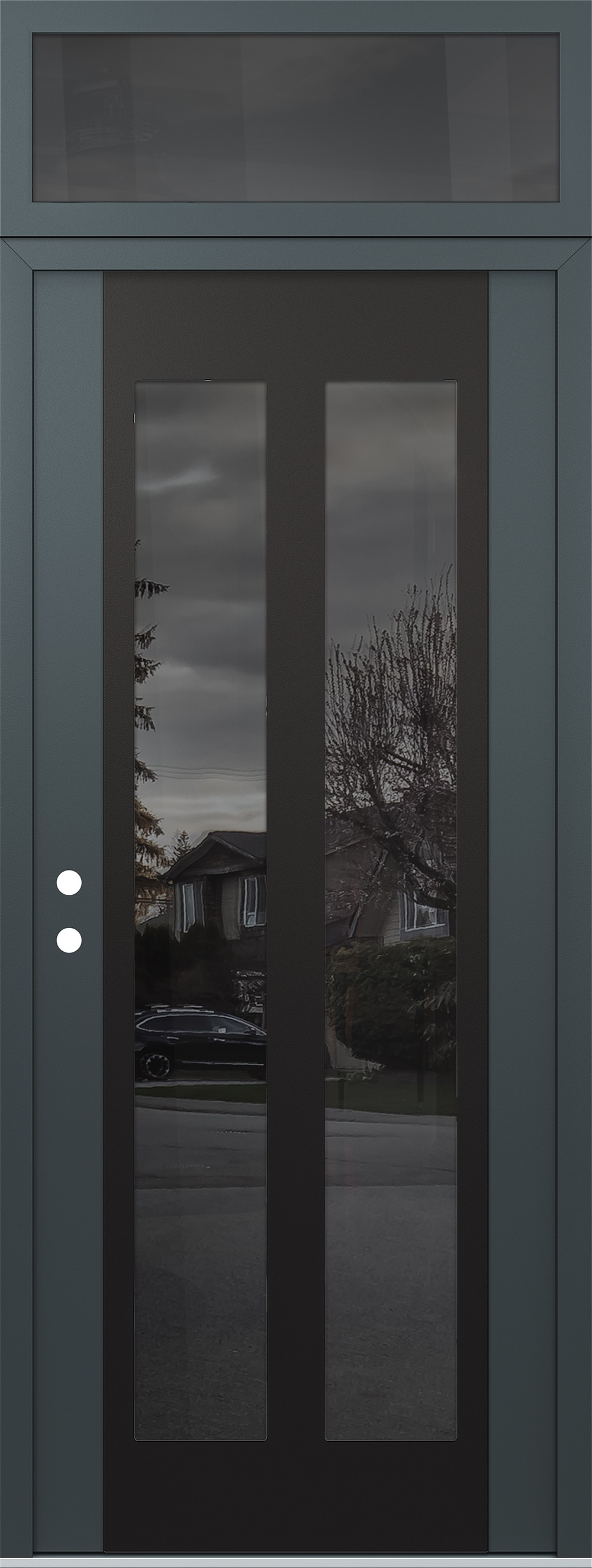 Modern Steel Front Door DIAMOND C14 36" X 96" ANTHRACITE/ANTHRACITE MIRRORED GLASS PANEL BLACK RHI WITH TRANSOM MIRRORED GLASS