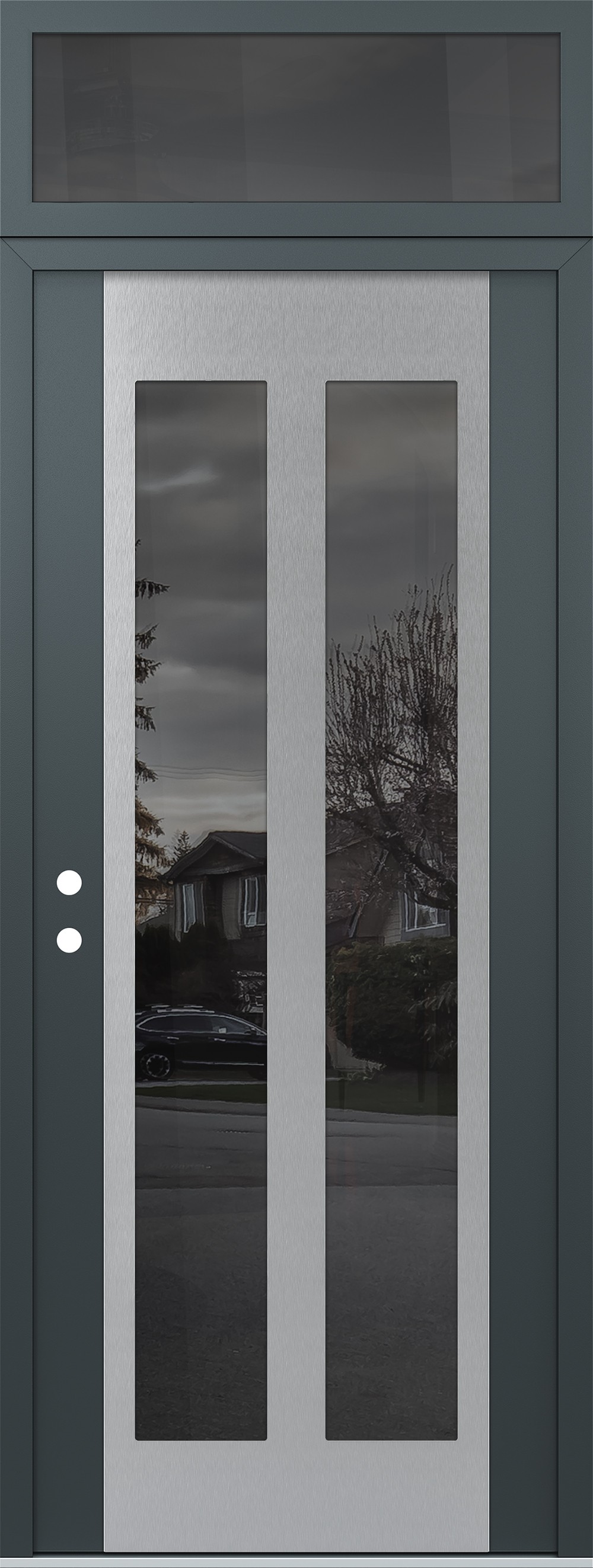 Modern Steel Front Door DIAMOND C14 36" X 96" ANTHRACITE/ANTHRACITE MIRRORED GLASS PANEL STAINLESS STEEL RHI WITH TRANSOM MIRRORED GLASS