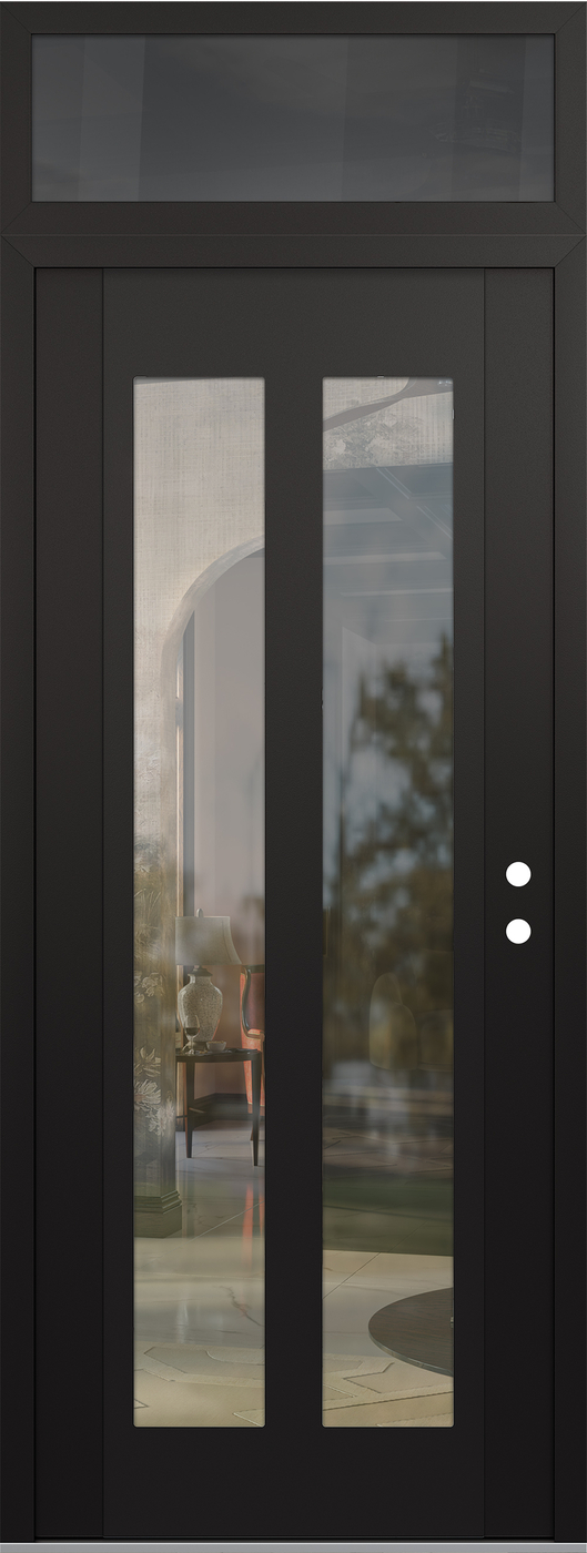 Modern Steel Front Door DIAMOND C14 36" X 96" BLACK/BLACK CLEAR GLASS PANEL BLACK LHI WITH TRANSOM MIRRORED GLASS