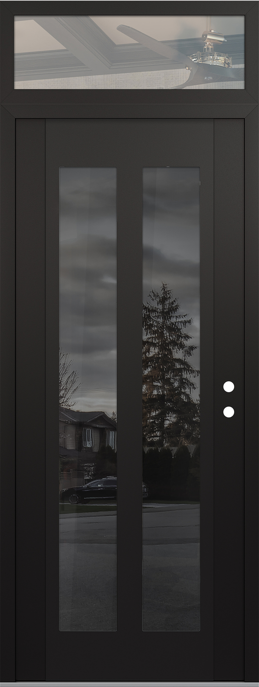 Modern Steel Front Door DIAMOND C14 36" X 96" BLACK/BLACK MIRRORED GLASS PANEL BLACK LHI WITH TRANSOM CLEAR GLASS