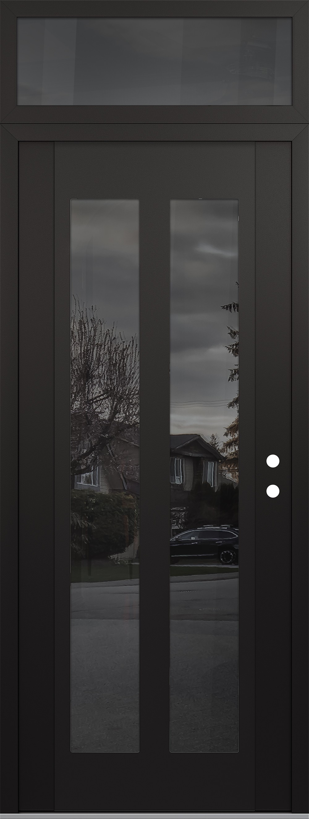 Modern Steel Front Door DIAMOND C14 36" X 96" BLACK/BLACK MIRRORED GLASS PANEL BLACK LHI WITH TRANSOM MIRRORED GLASS