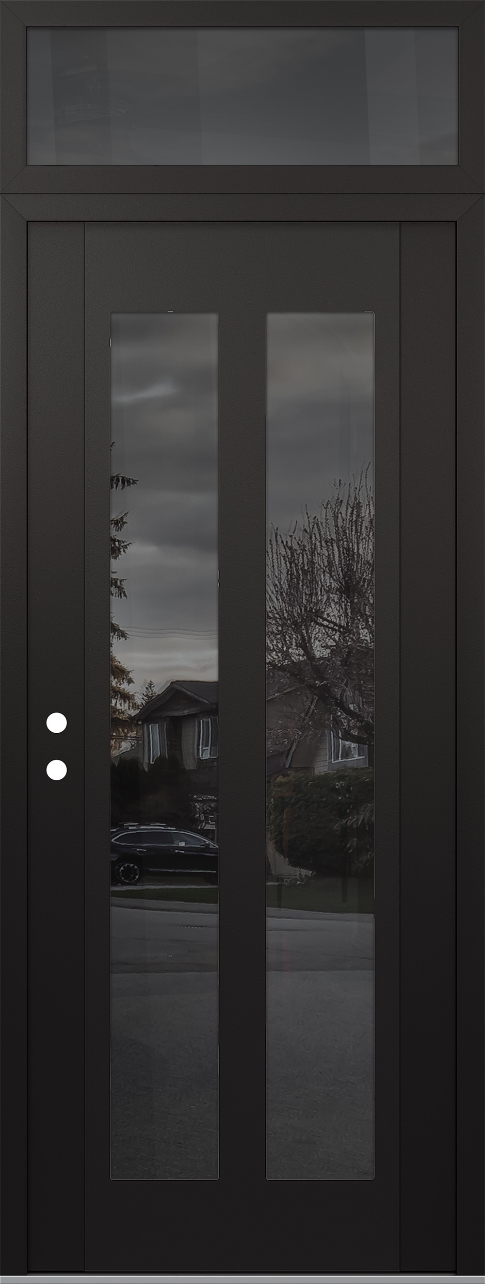 Modern Steel Front Door DIAMOND C14 36" X 96" BLACK/BLACK MIRRORED GLASS PANEL BLACK RHI WITH TRANSOM MIRRORED GLASS