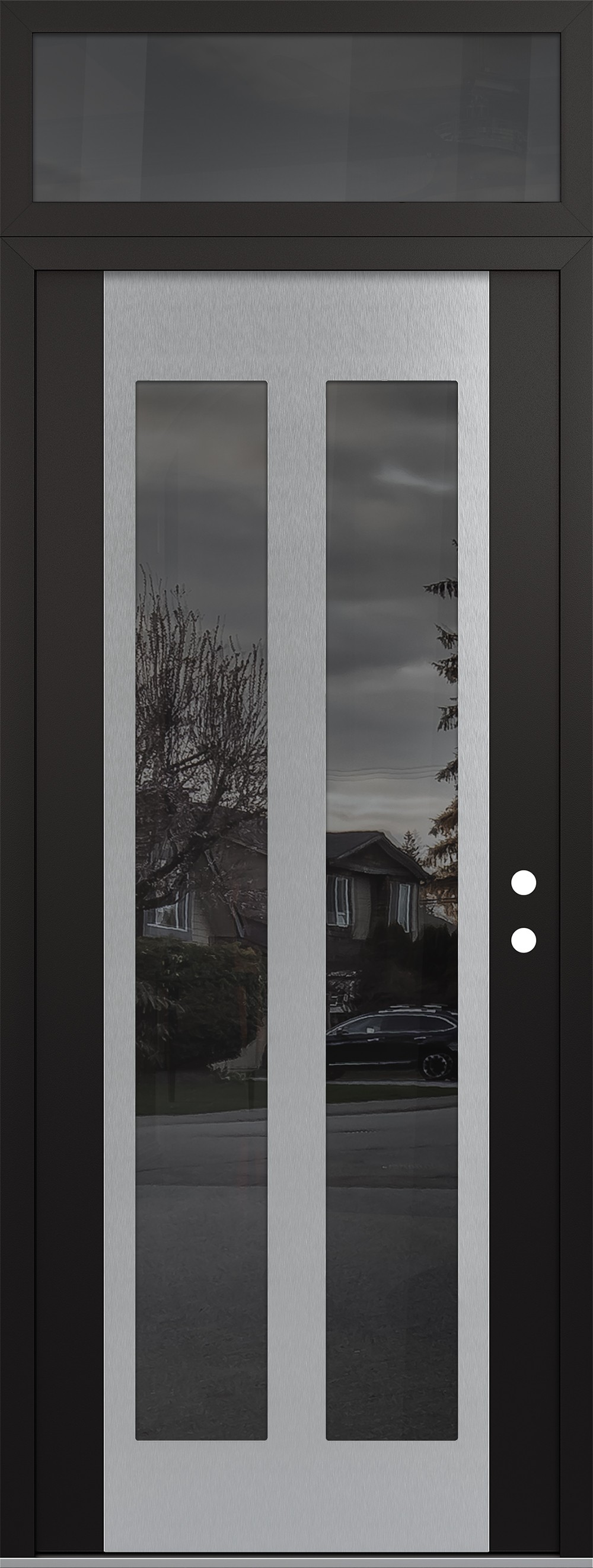 Modern Steel Front Door DIAMOND C14 36" X 96" BLACK/BLACK MIRRORED GLASS PANEL STAINLESS STEEL LHI WITH TRANSOM MIRRORED GLASS