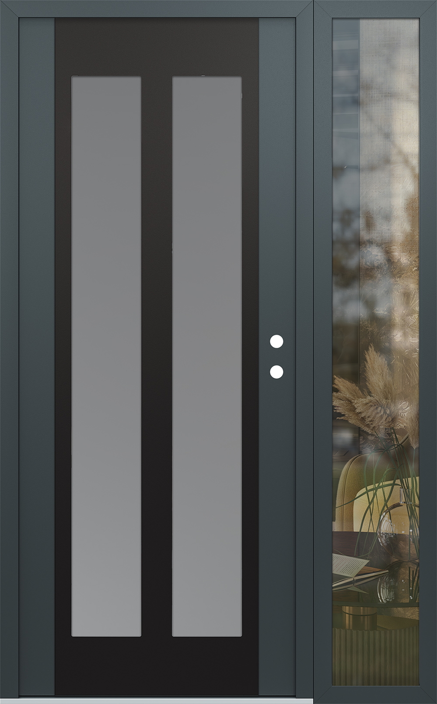 Modern Steel Front Door Diamond C14 48" x 80" anthracite/anthracite frosted Glass Panel black LHI with Sidelite clear Glass