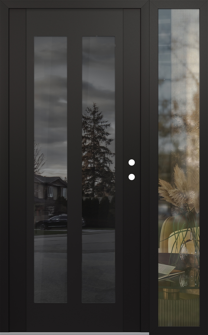Modern Steel Front Door Diamond C14 48" x 80" black/black mirrored Glass Panel black LHI with Sidelite clear Glass
