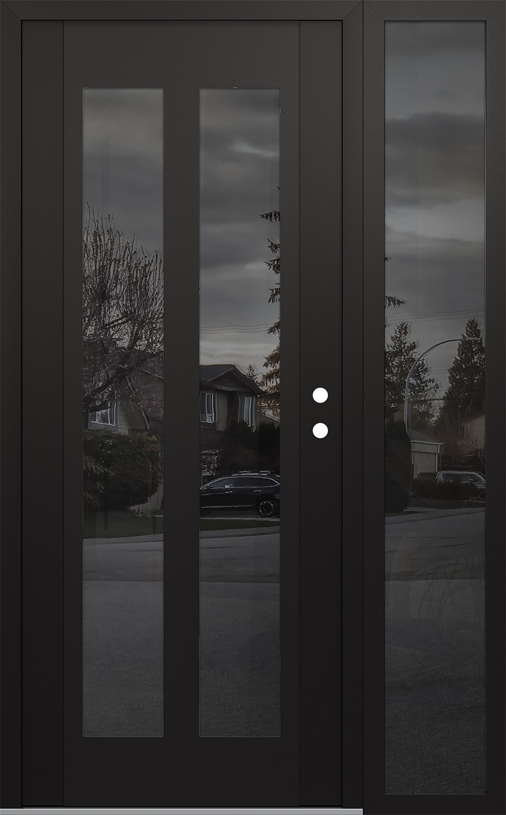 Modern Steel Front Door Diamond C14 48" x 80" black/black mirrored Glass Panel black LHI with Sidelite mirrored Glass