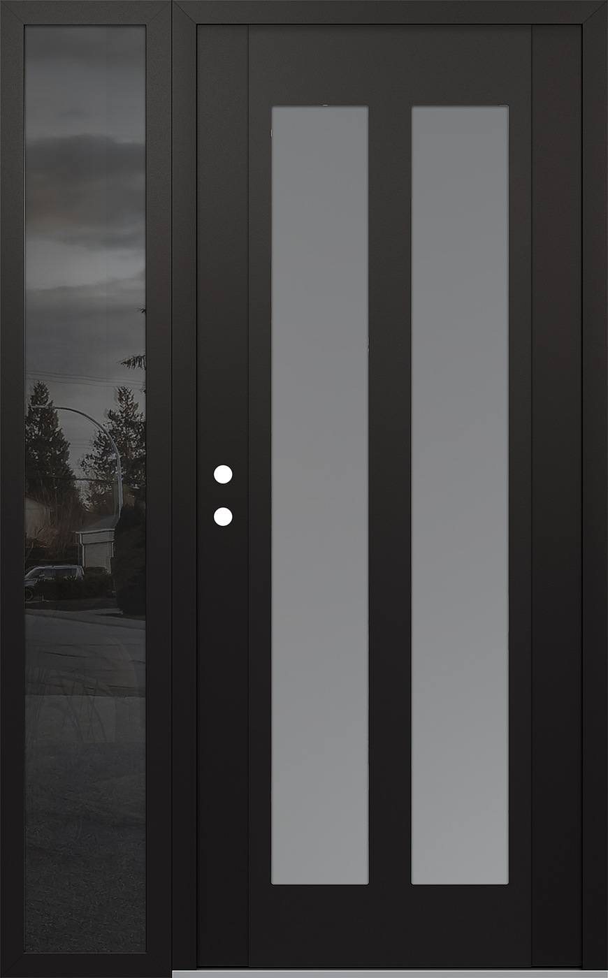 Modern Steel Front Door Diamond C14 48" x 80" black/white frosted Glass Panel black RHI with Sidelite mirrored Glass
