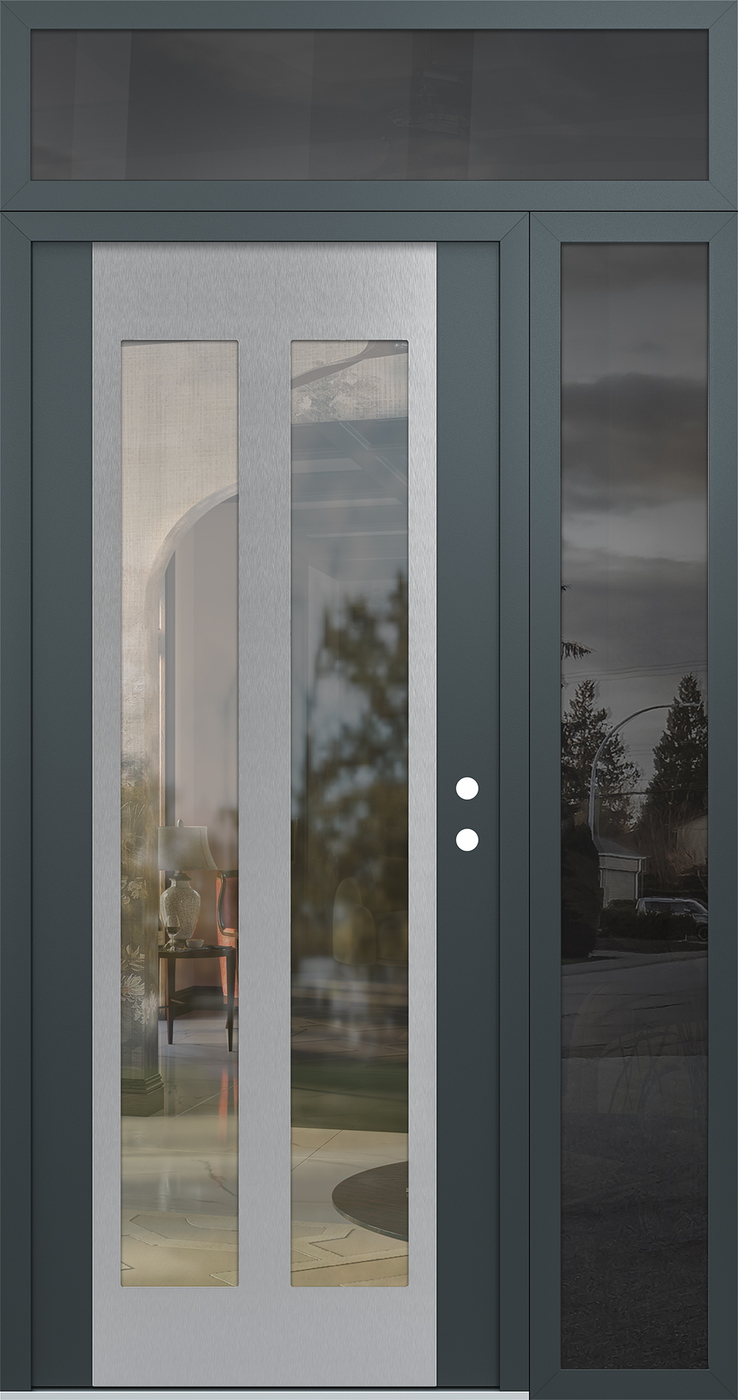 Modern Steel Front Door Diamond C14 48" x 96" anthracite/anthracite clear Glass Panel stainless steel LHI with Sidelite and Transom mirrored Glass