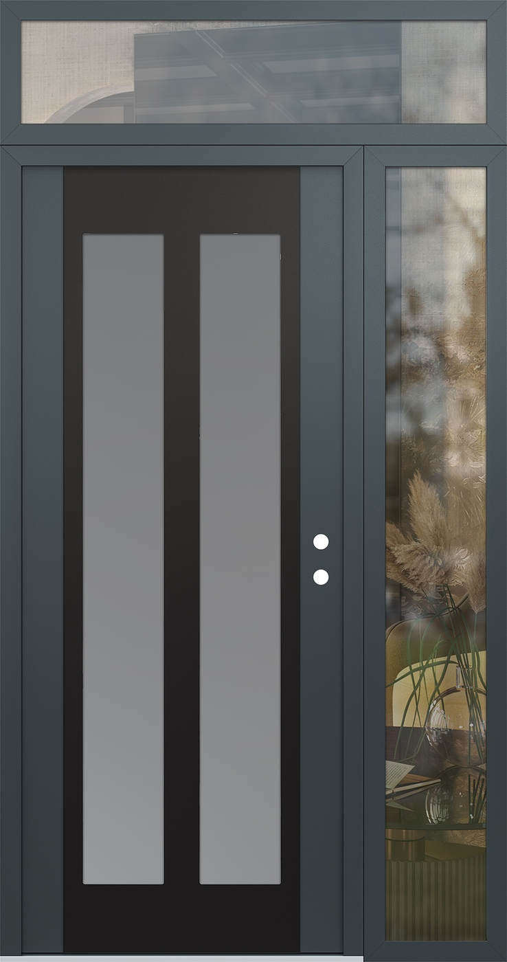Modern Steel Front Door Diamond C14 48" x 96" anthracite/anthracite frosted Glass Panel black LHI with Sidelite and Transom clear Glass