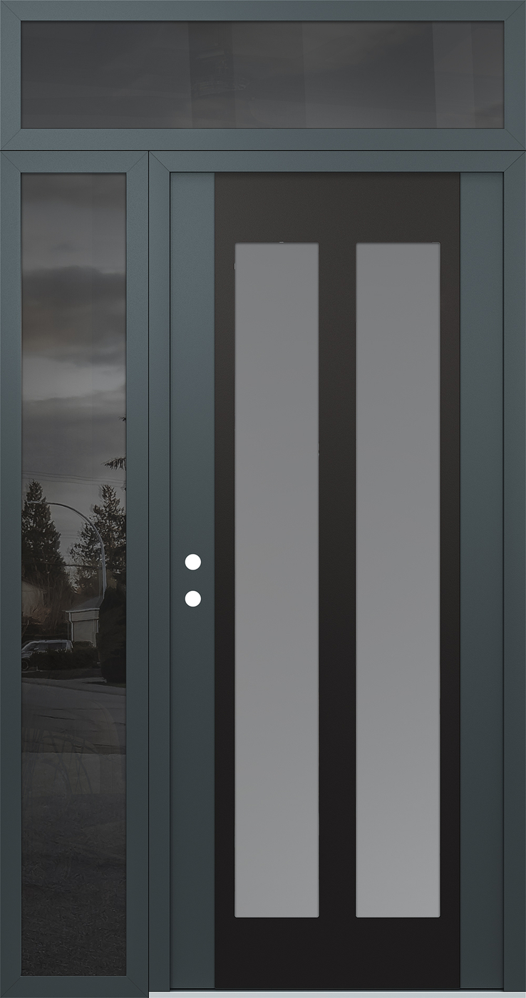 Modern Steel Front Door Diamond C14 48" x 96" anthracite/anthracite frosted Glass Panel black RHI with Sidelite and Transom mirrored Glass