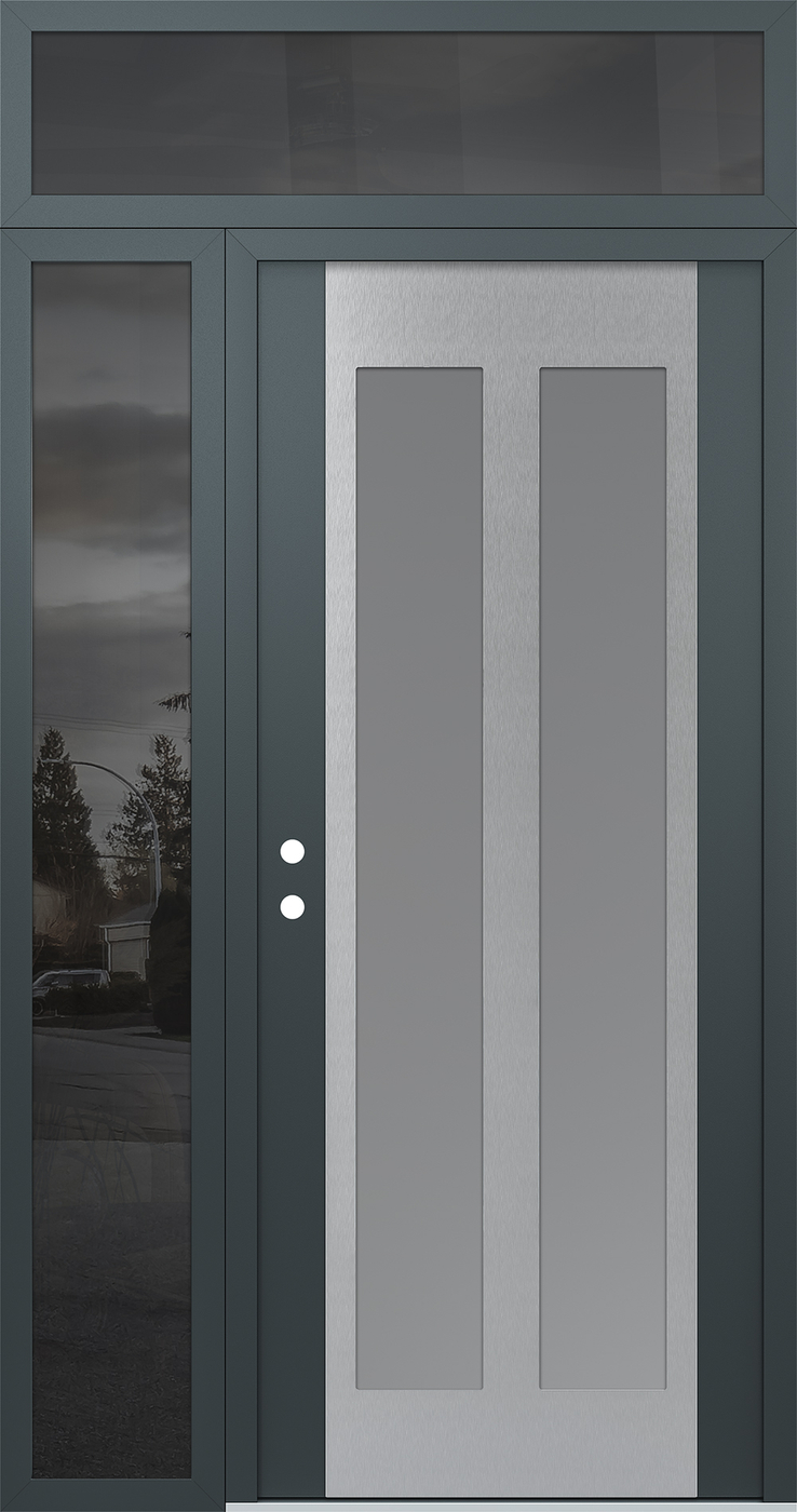 Modern Steel Front Door Diamond C14 48" x 96" anthracite/anthracite frosted Glass Panel stainless steel RHI with Sidelite and Transom mirrored Glass