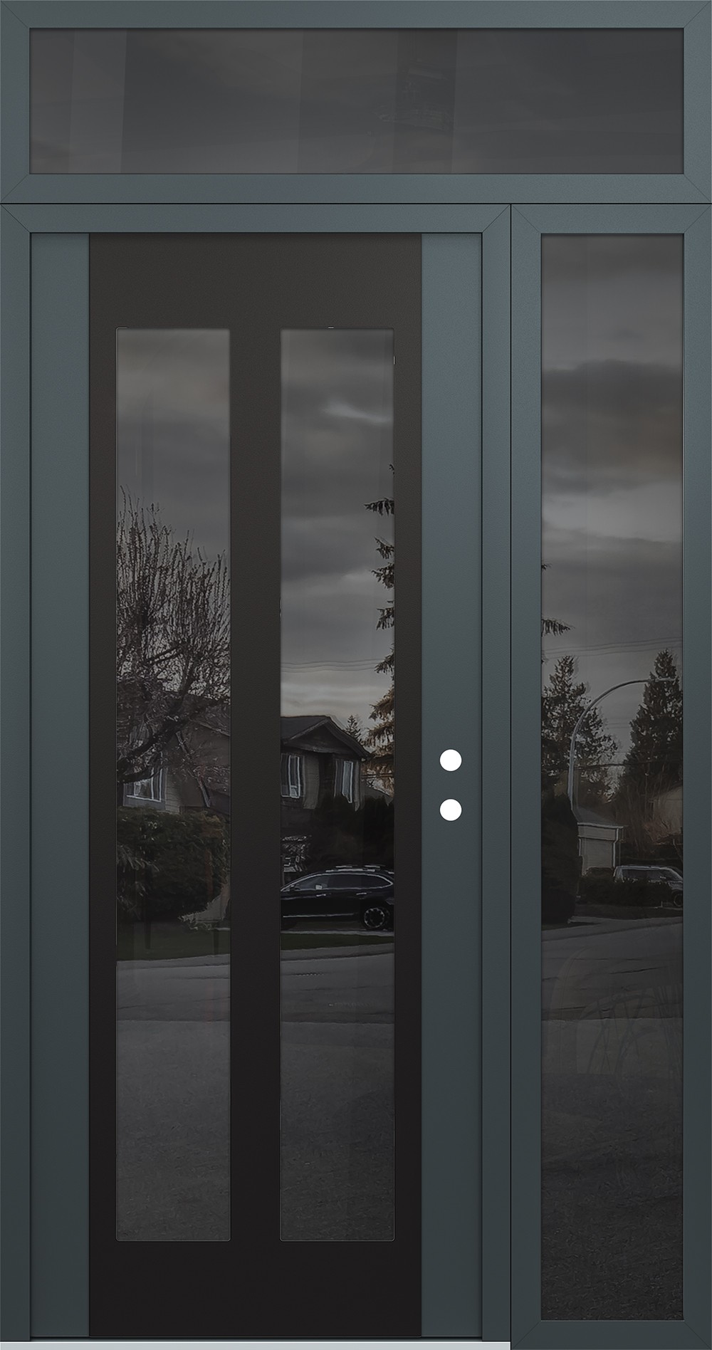 Modern Steel Front Door Diamond C14 48" x 96" anthracite/anthracite mirrored Glass Panel black LHI with Sidelite and Transom mirrored Glass