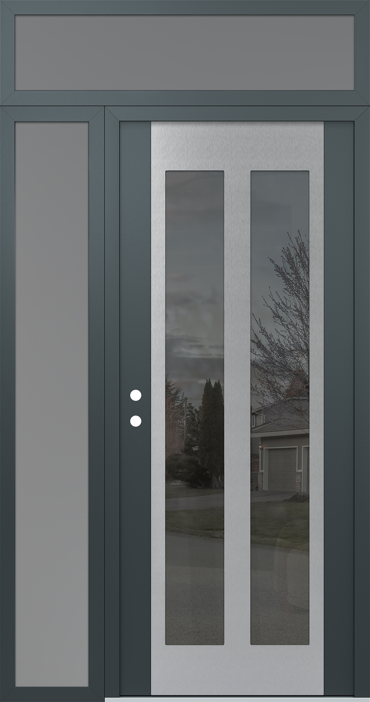 Modern Steel Front Door Diamond C14 48" x 96" anthracite/anthracite mirrored Glass Panel stainless steel RHI with Sidelite and Transom frosted Glass
