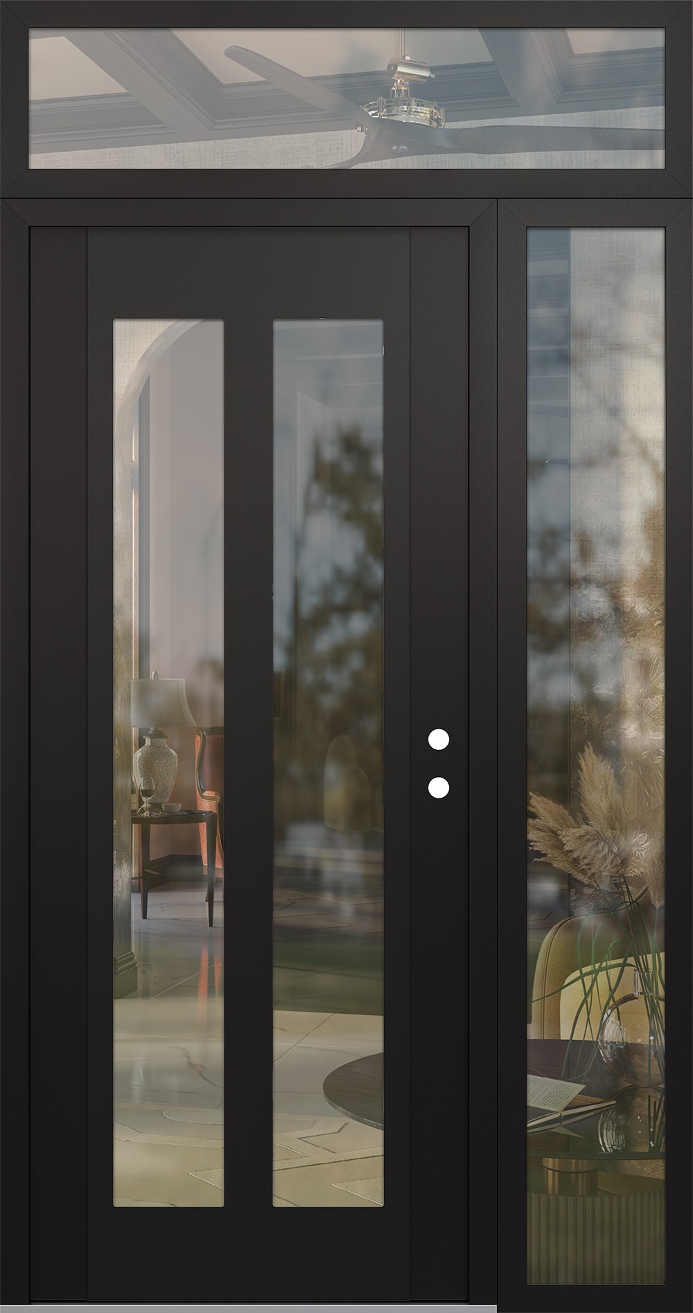 Modern Steel Front Door Diamond C14 48" x 96" black/black clear Glass Panel black LHI with Sidelite and Transom clear Glass