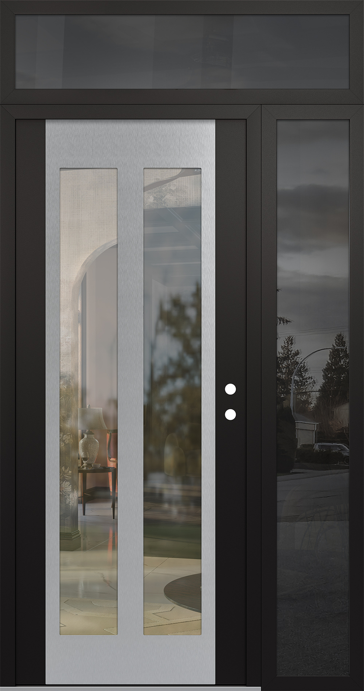 Modern Steel Front Door Diamond C14 48" x 96" black/black clear Glass Panel stainless steel LHI with Sidelite and Transom mirrored Glass