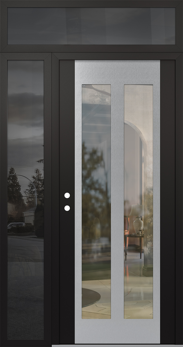 Modern Steel Front Door Diamond C14 48" x 96" black/black clear Glass Panel stainless steel RHI with Sidelite and Transom mirrored Glass