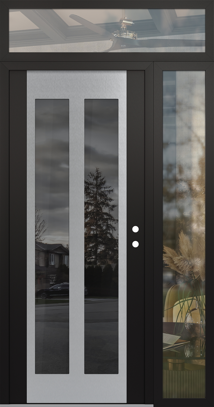 Modern Steel Front Door Diamond C14 48" x 96" black/black mirrored Glass Panel stainless steel LHI with Sidelite and Transom clear Glass