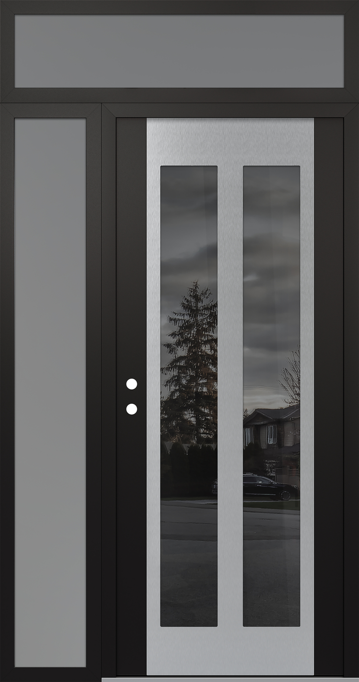 Modern Steel Front Door Diamond C14 48" x 96" black/black mirrored Glass Panel stainless steel RHI with Sidelite and Transom frosted Glass