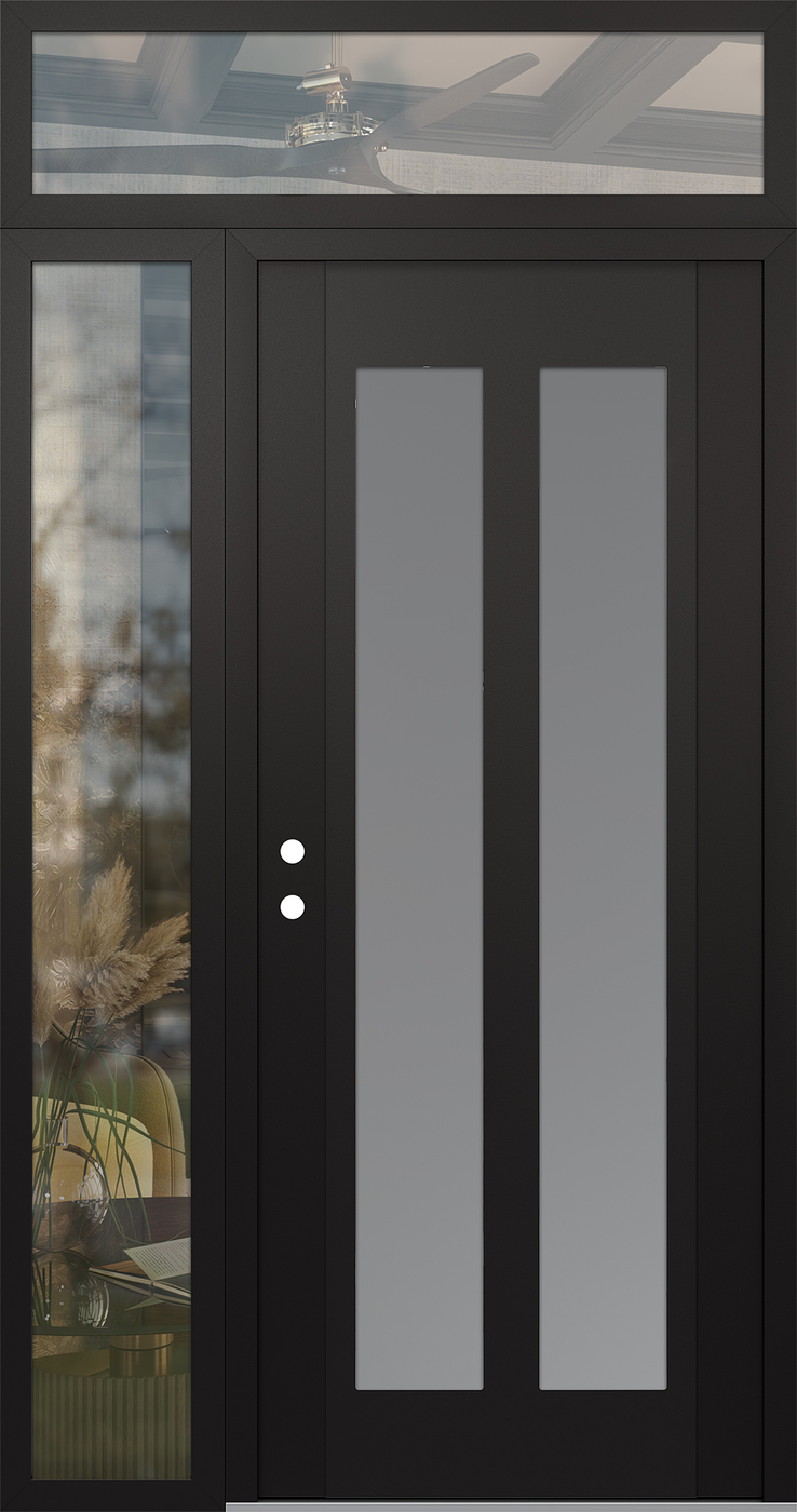 Modern Steel Front Door Diamond C14 48" x 96" black/white frosted Glass Panel black RHI with Sidelite and Transom clear Glass