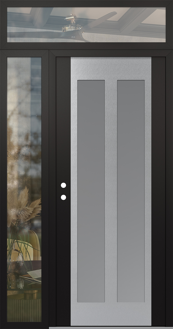 Modern Steel Front Door Diamond C14 48" x 96" black/white frosted Glass Panel stainless steel RHI with Sidelite and Transom clear Glass