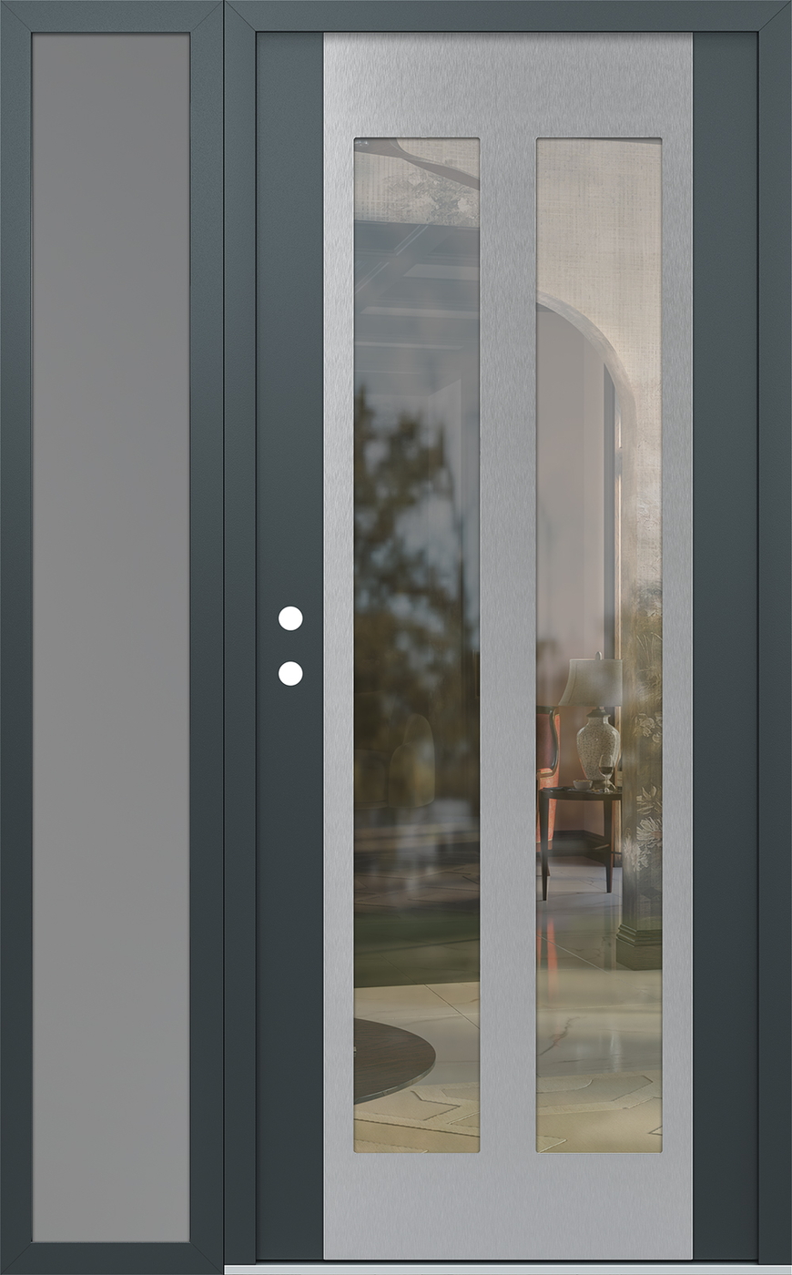Modern Steel Front Door Diamond C14 50" x 80" anthracite/anthracite clear Glass Panel stainless steel RHI with Sidelite frosted Glass