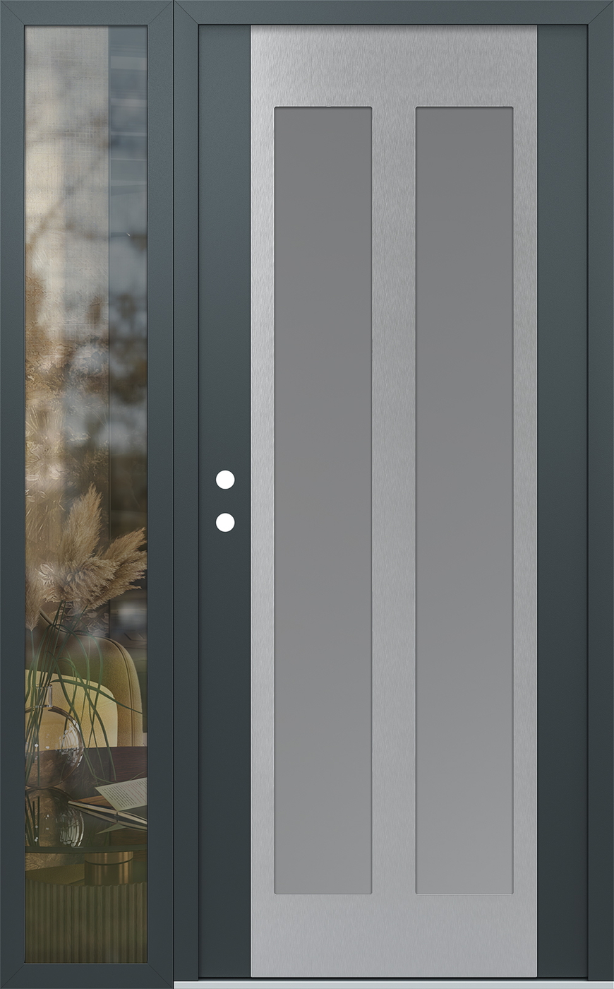 Modern Steel Front Door Diamond C14 50" x 80" anthracite/anthracite frosted Glass Panel stainless steel RHI with Sidelite clear Glass