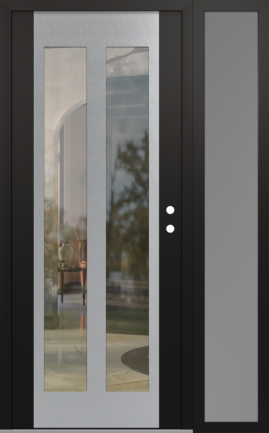 Modern Steel Front Door Diamond C14 50" x 80" black/black clear Glass Panel stainless steel LHI with Sidelite frosted Glass
