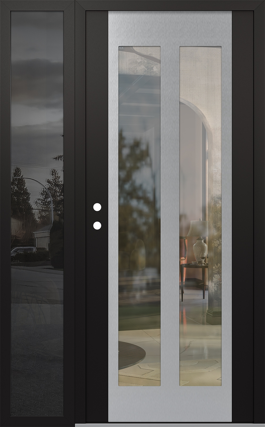 Modern Steel Front Door Diamond C14 50" x 80" black/black clear Glass Panel stainless steel RHI with Sidelite mirrored Glass