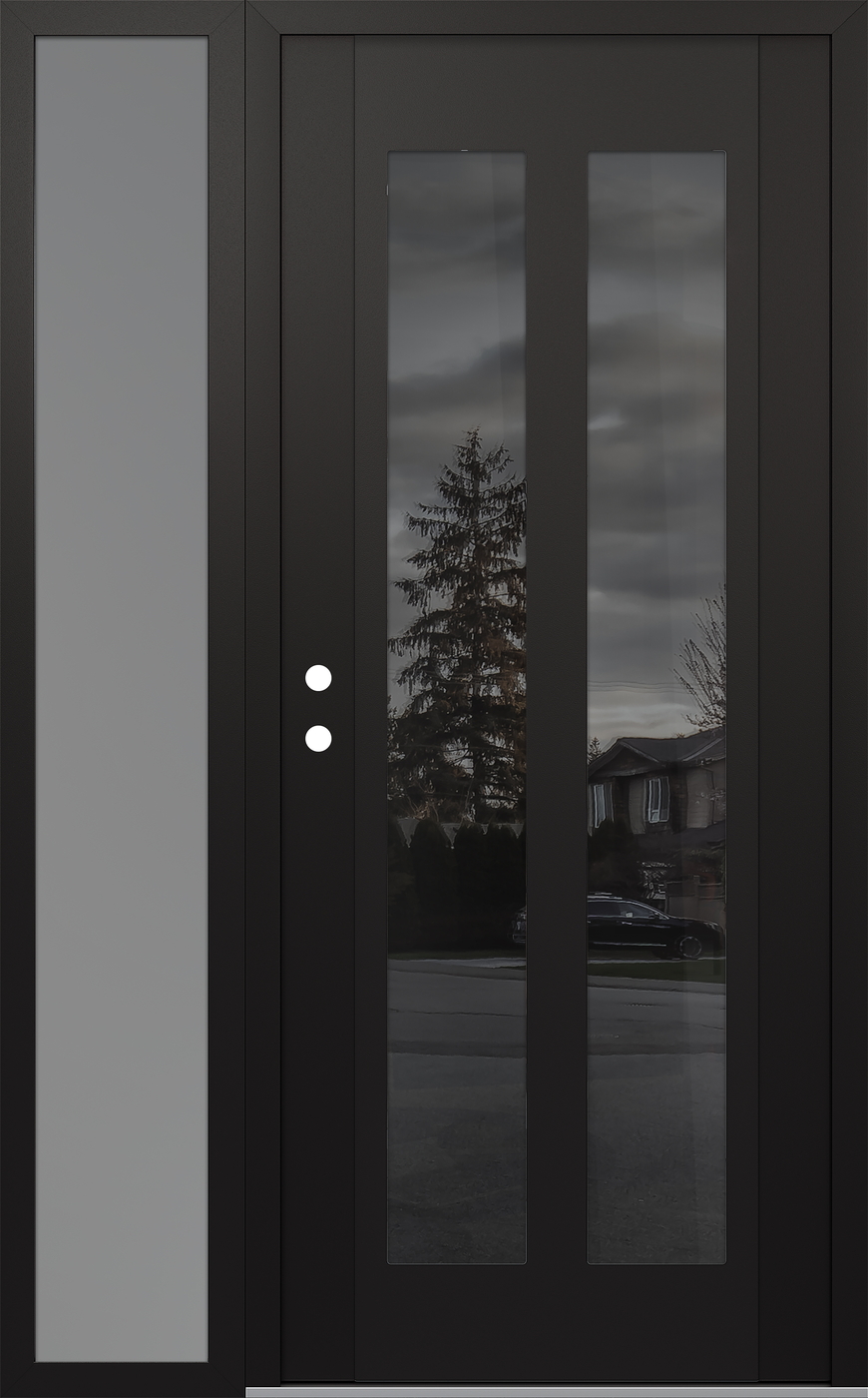 Modern Steel Front Door Diamond C14 50" x 80" black/black mirrored Glass Panel black RHI with Sidelite frosted Glass