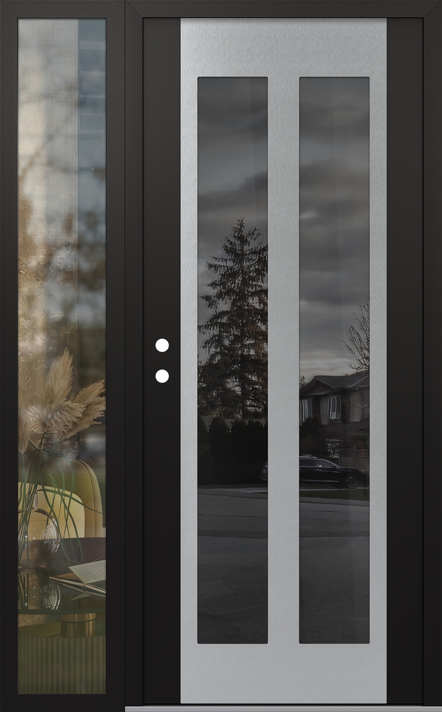 Modern Steel Front Door Diamond C14 50" x 80" black/black mirrored Glass Panel stainless steel RHI with Sidelite clear Glass