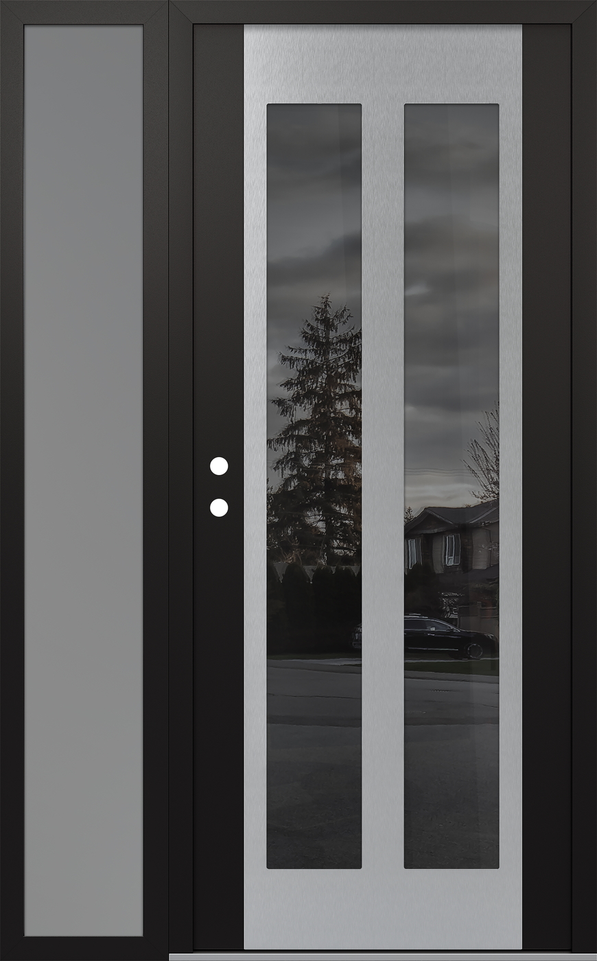 Modern Steel Front Door Diamond C14 50" x 80" black/black mirrored Glass Panel stainless steel RHI with Sidelite frosted Glass