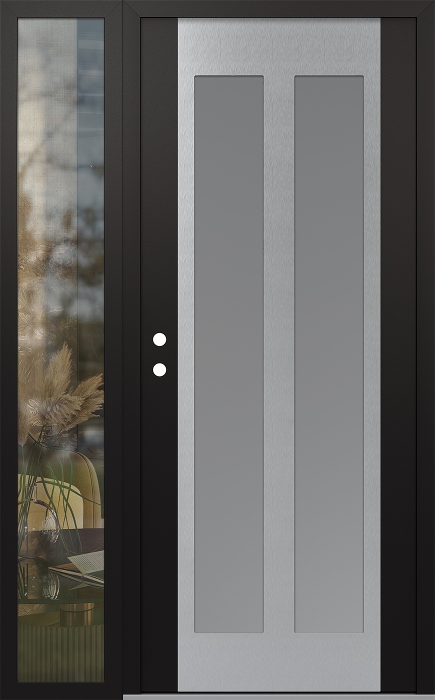 Modern Steel Front Door Diamond C14 50" x 80" black/white frosted Glass Panel stainless steel RHI with Sidelite clear Glass