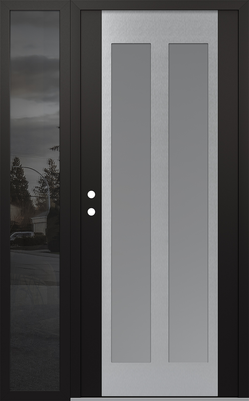 Modern Steel Front Door Diamond C14 50" x 80" black/white frosted Glass Panel stainless steel RHI with Sidelite mirrored Glass