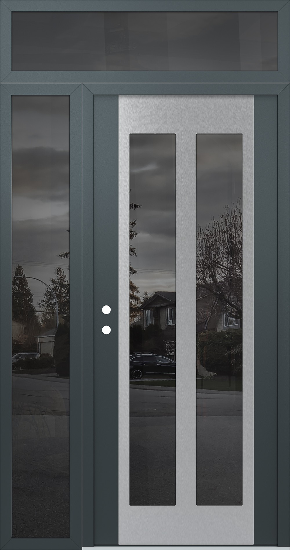 Modern Steel Front Door Diamond C14 50" x 96" anthracite/anthracite mirrored Glass Panel stainless steel RHI with Sidelite and Transom mirrored Glass
