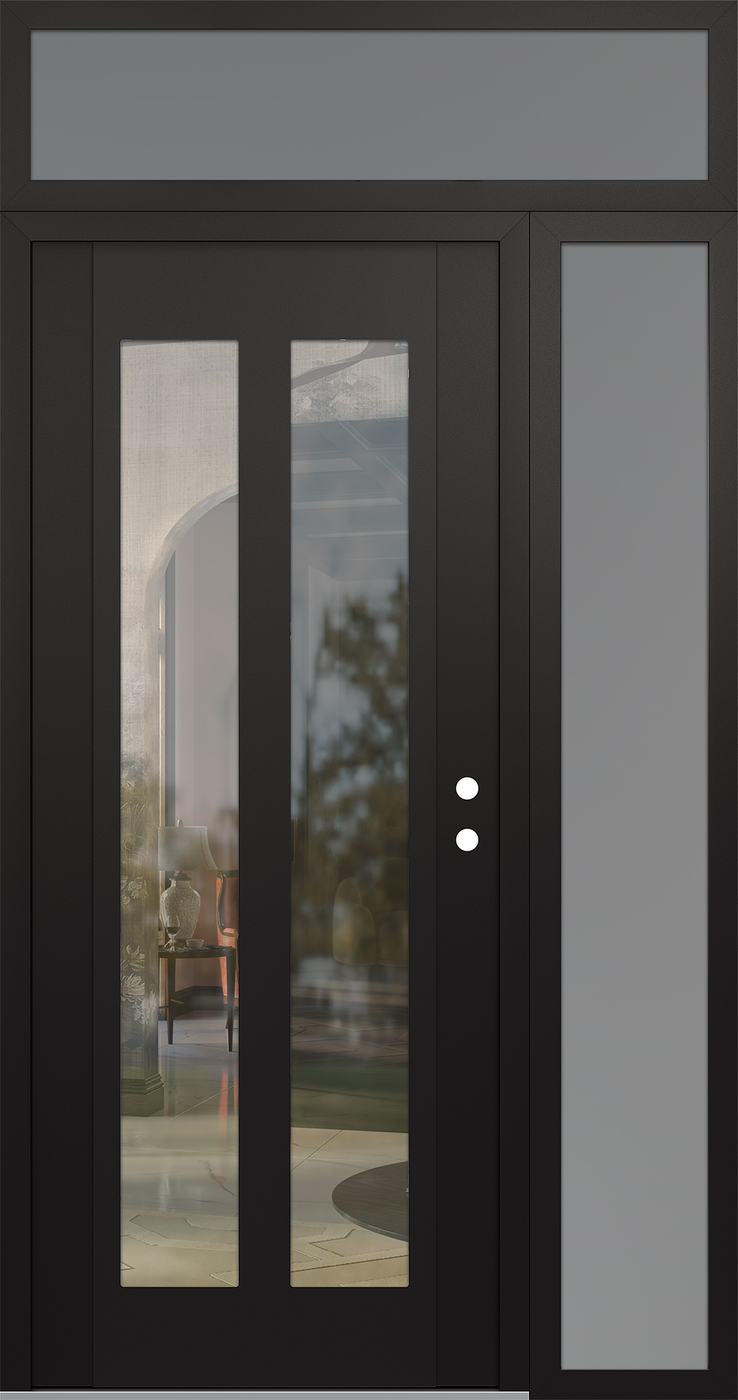 Modern Steel Front Door Diamond C14 50" x 96" black/black clear Glass Panel black LHI with Sidelite and Transom frosted Glass