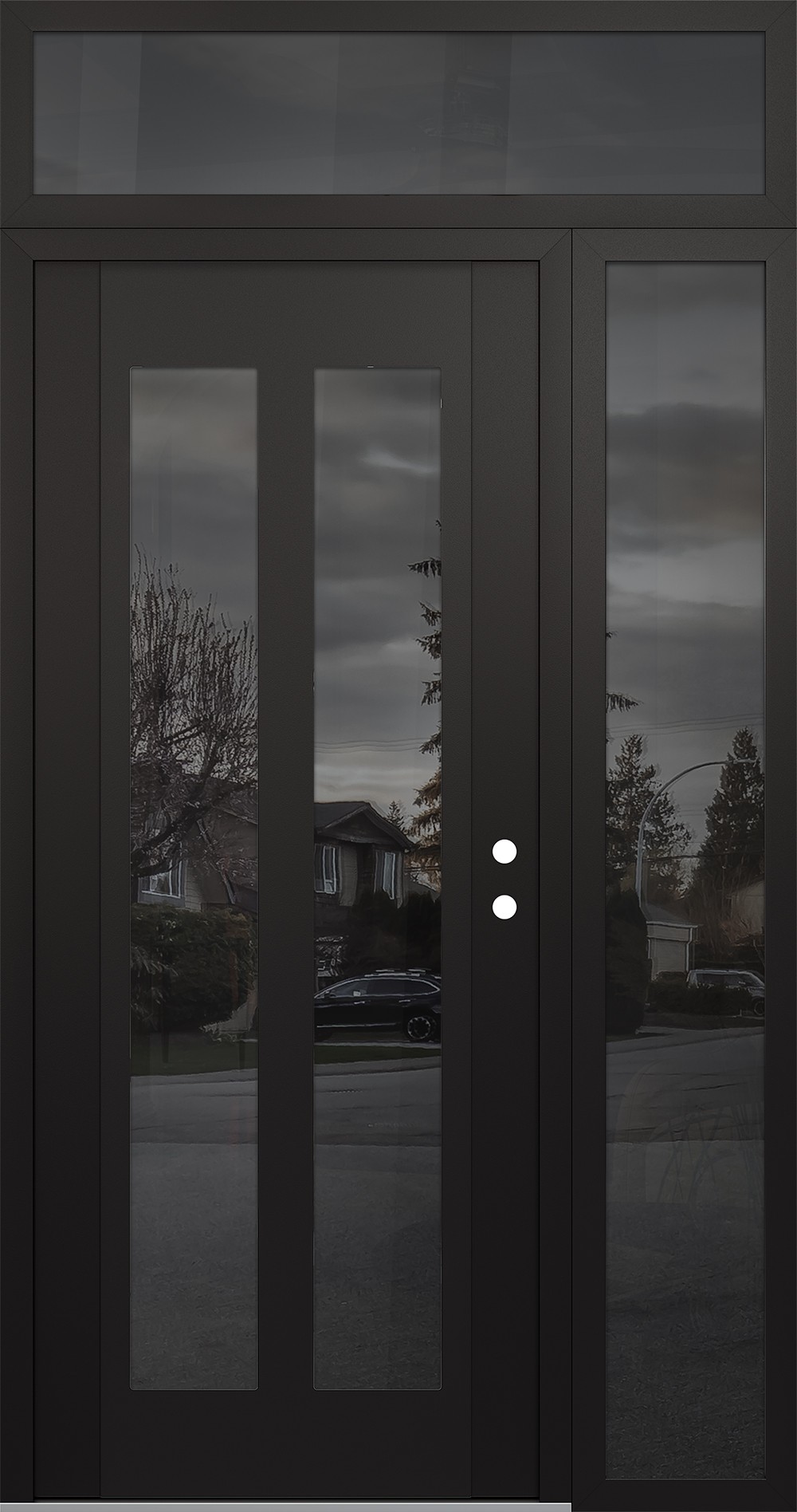 Modern Steel Front Door Diamond C14 50" x 96" black/black mirrored Glass Panel black LHI with Sidelite and Transom mirrored Glass