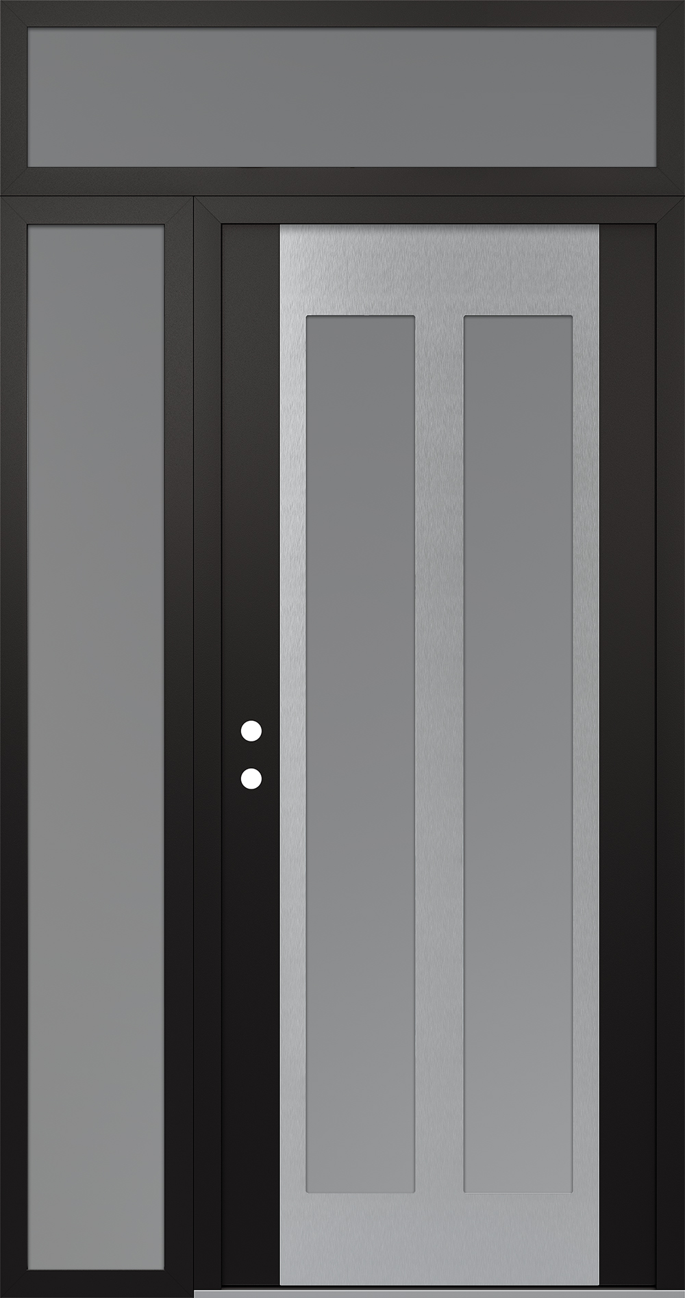 Modern Steel Front Door Diamond C14 50" x 96" black/white frosted Glass Panel stainless steel RHI with Sidelite and Transom frosted Glass