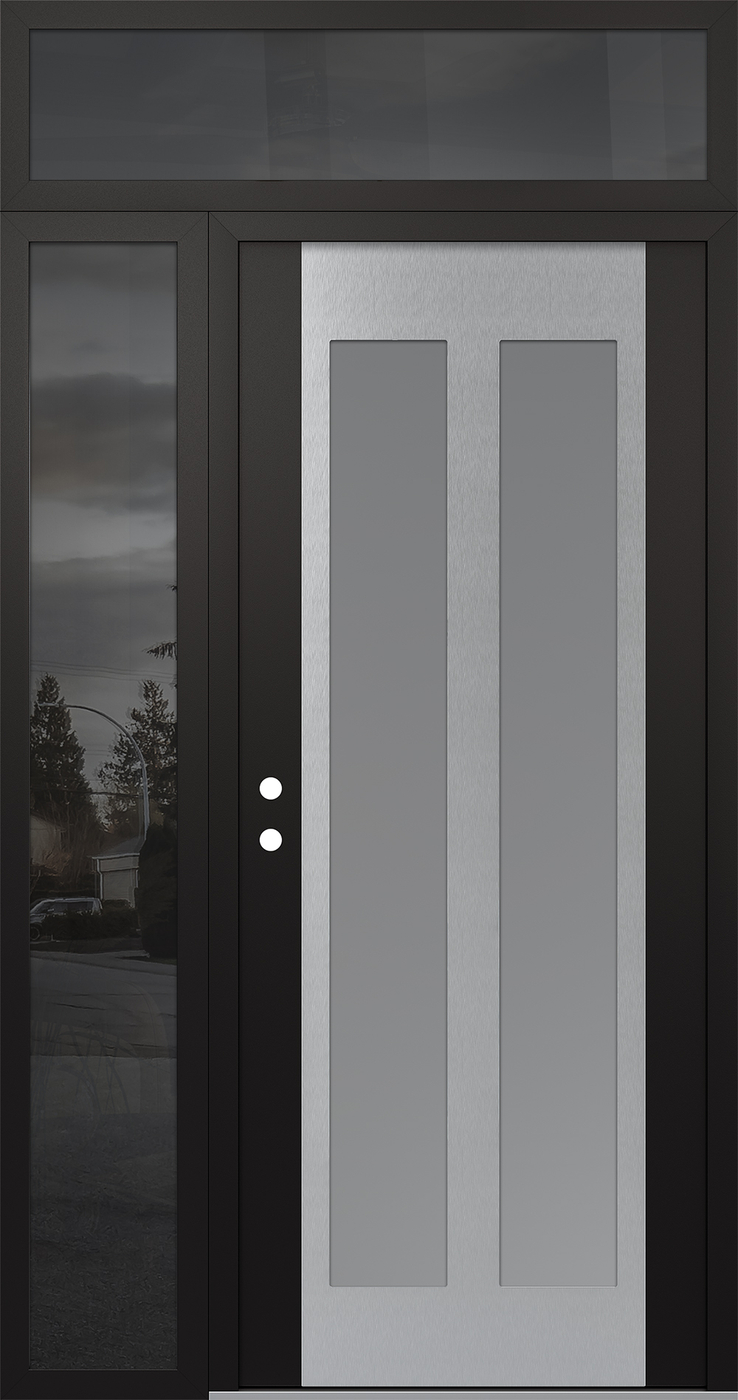 Modern Steel Front Door Diamond C14 50" x 96" black/white frosted Glass Panel stainless steel RHI with Sidelite and Transom mirrored Glass