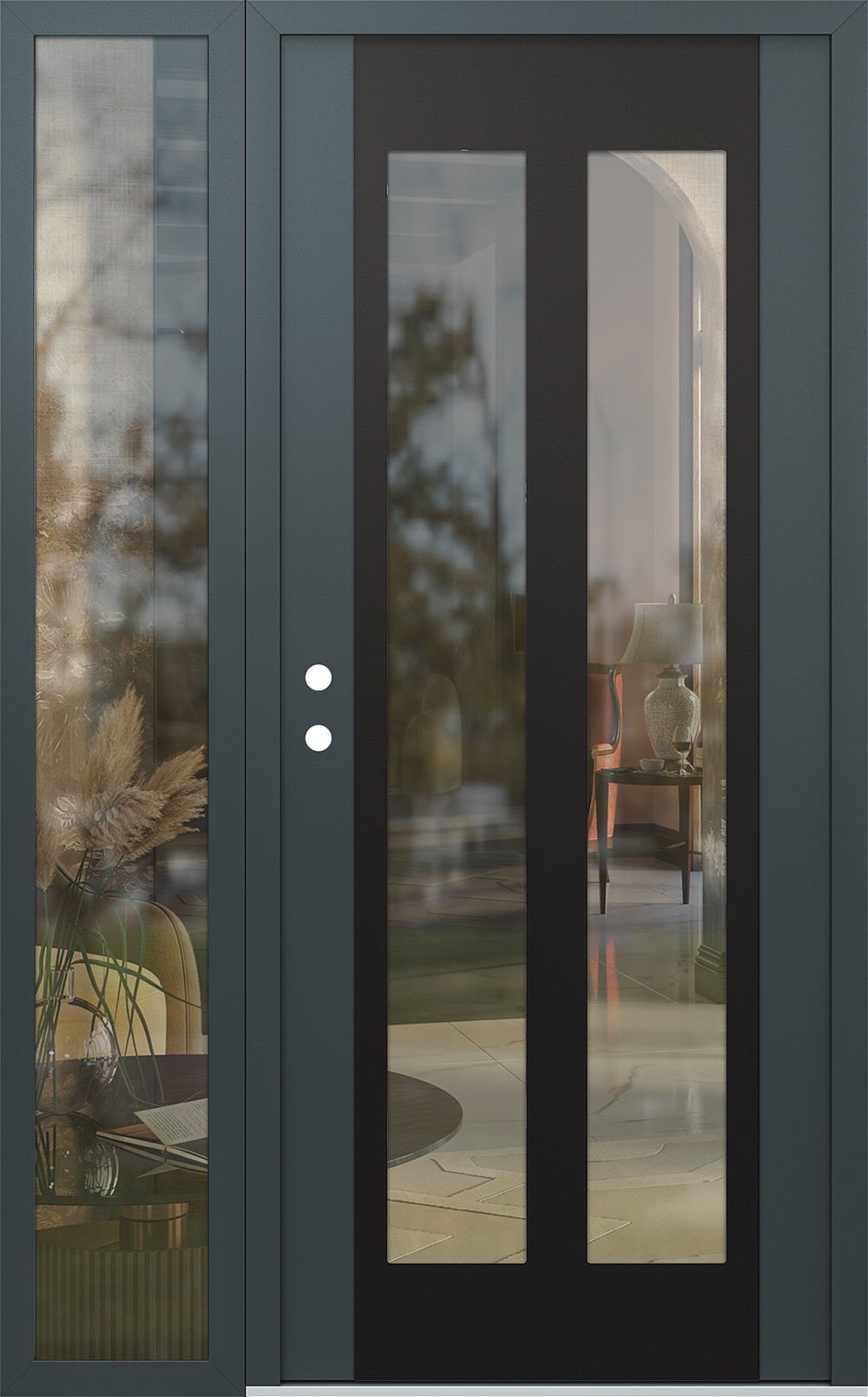 Modern Steel Front Door Diamond C14 52" x 80" anthracite/anthracite clear Glass Panel black RHI with Sidelite clear Glass