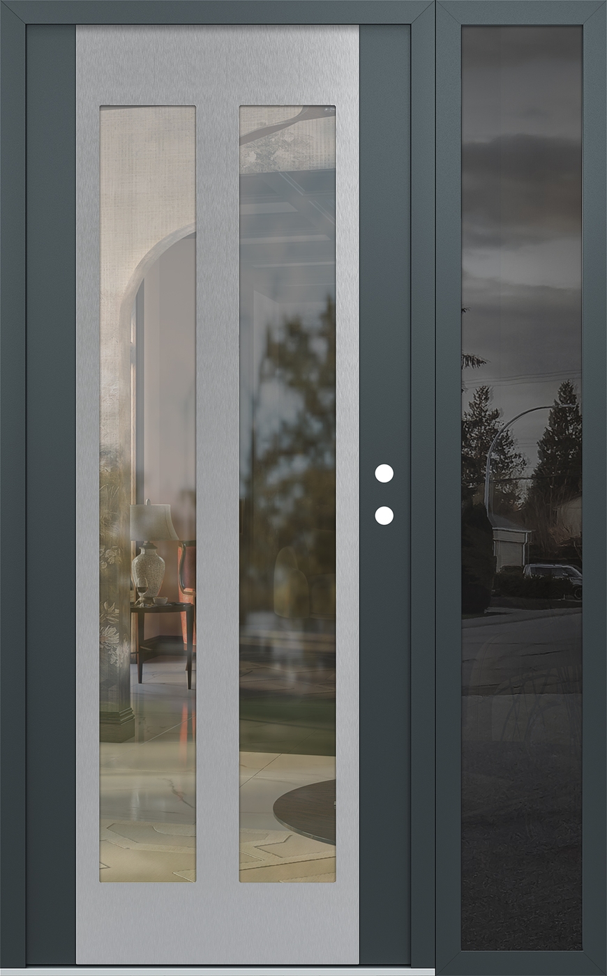 Modern Steel Front Door Diamond C14 52" x 80" anthracite/anthracite clear Glass Panel stainless steel LHI with Sidelite mirrored Glass