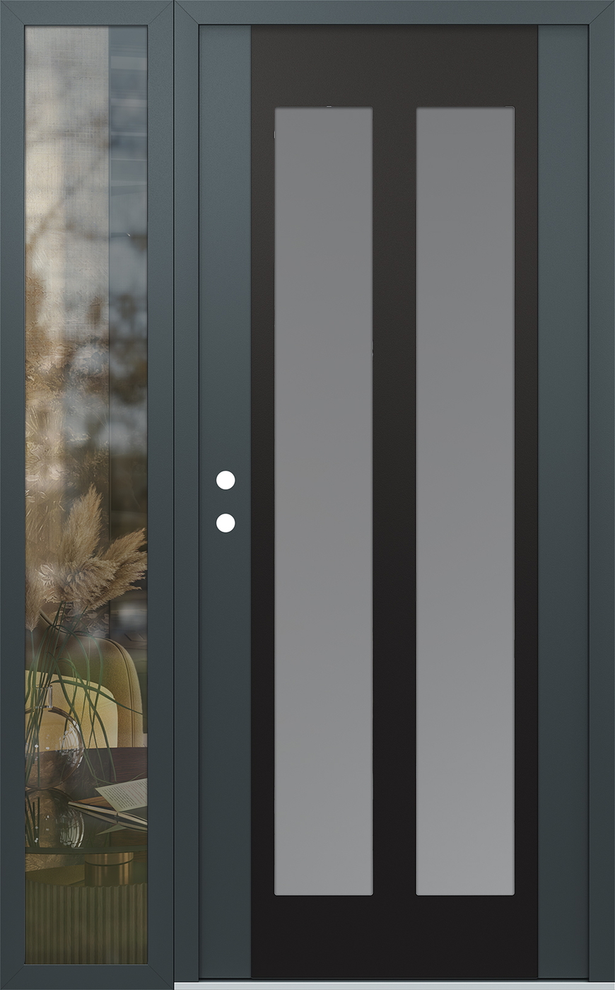 Modern Steel Front Door Diamond C14 52" x 80" anthracite/anthracite frosted Glass Panel black RHI with Sidelite clear Glass